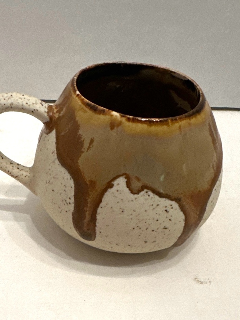 Hand Crafted Speckled Cream Ceramic Mug with Brown Drip Glaze Accent